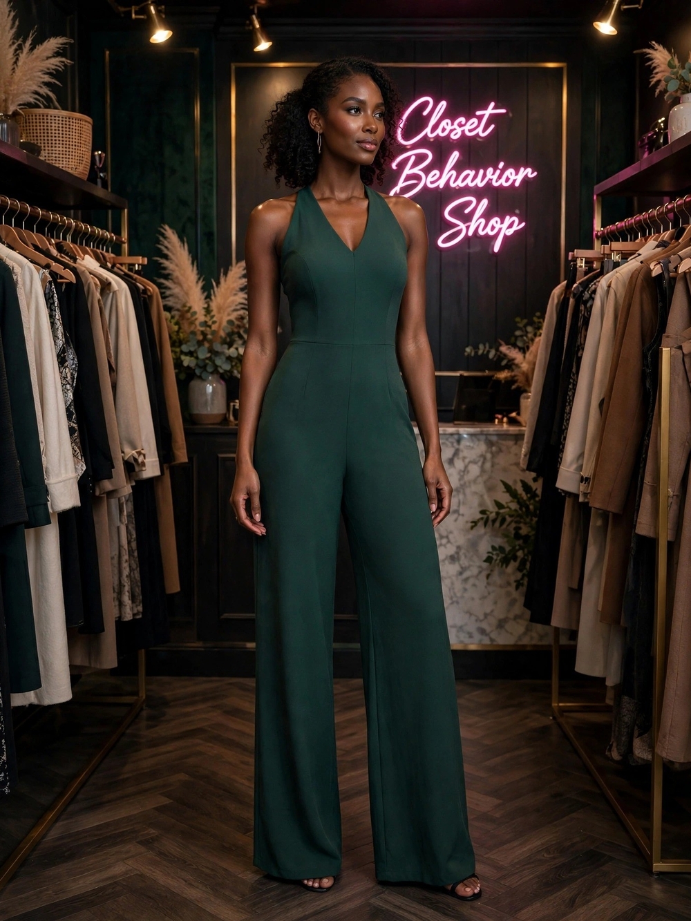 Sleeveless V-Neck Wide-Leg Jumpsuit — Forest Green